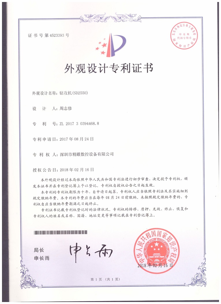 公司2018年取得，大型非標鉆攻機 SD2550外觀設計專利證書。